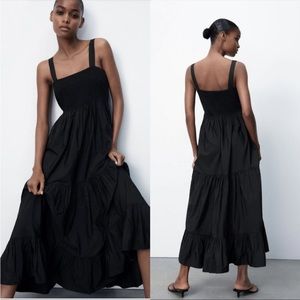 Zara smocked tiered maxi dress in black. Flowy and flattering w/ a stretchy bust